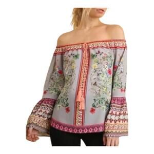 Umgee Off‎ the Shoulder Bohemian Floral Bell Sleeve Top Size Small